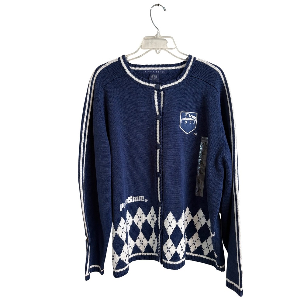 Vintage Birch Bros Penn State Nittany Lions Cardigan Sweater Navy Argyle XL